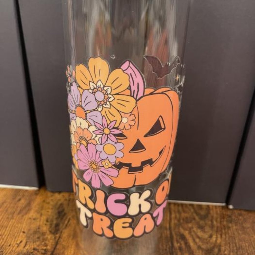 DOUBLE LID HALLOWEEN TRICK OR TREAT THEME TALL GLASS TUMBLER 20oz